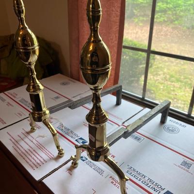 Vintage Pair of Mid-Century Fireplace Brass Andirons as Pictured.