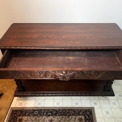 Antique Hand Carved Column Credenza w/Large Drawer 47" Long, 31" Tall & 19-1/2" Deep as Pictured.