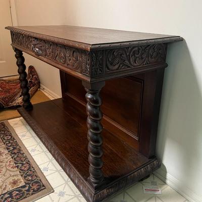 Antique Hand Carved Column Credenza w/Large Drawer 47" Long, 31" Tall & 19-1/2" Deep as Pictured.