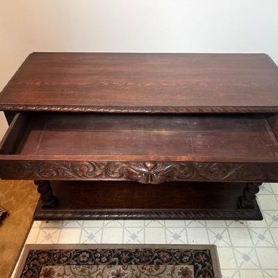 Antique Hand Carved Column Credenza w/Large Drawer 47" Long, 31" Tall & 19-1/2" Deep as Pictured.