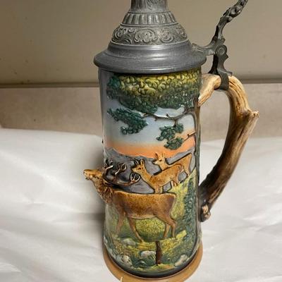 Vintage/Antique German 3-D Deer Beer Stein #1525 10" Tall in VG Preowned Condition.
