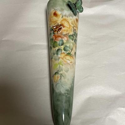 Vintage Porcelain Floral Hand Painted Wall Pocket 8" Tall in Good Preowned Condition.