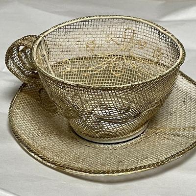 Vintage Filigree Mesh Cup & Saucer Decor in Good Preowned Condition.