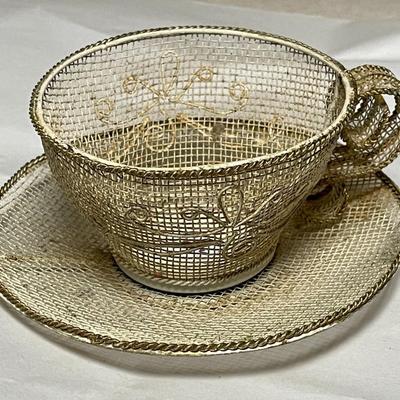 Vintage Filigree Mesh Cup & Saucer Decor in Good Preowned Condition.