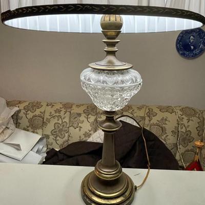 Vintage Mid-Century Brass & Crystal Tall Table Lamp w/Pleated Shade 38.5" Tall w/Shade in Good Preowned Condition.