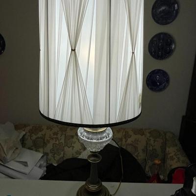 Vintage Mid-Century Brass & Crystal Tall Table Lamp w/Pleated Shade 38.5" Tall w/Shade in Good Preowned Condition.