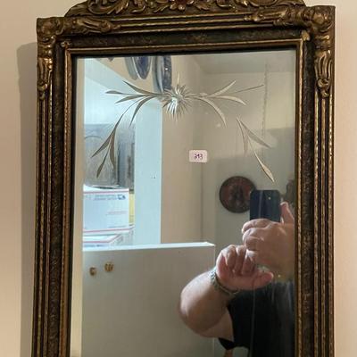 Antique c1920's Etched Glass Design Wooden Frame Mirror 20" x 29" in Good Preowned Condition.