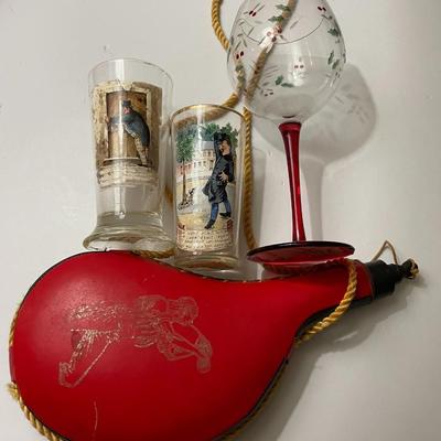 Vintage 1-Wine Flask & 2-German Figural Glasses, & 1-Holiday Stemware as Pictured.