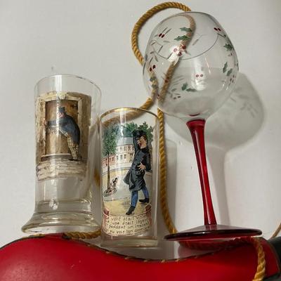 Vintage 1-Wine Flask & 2-German Figural Glasses, & 1-Holiday Stemware as Pictured.