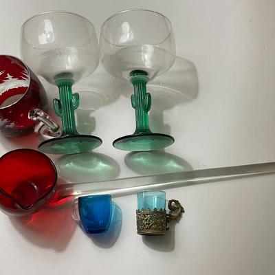 Vintage Glass Lot of 6-Pieces; Art Glass Ladle, Cactus Stemware, Etched Ruby Glass Cup, & 2-Souvenir Blue Glass Shot Glasses as...