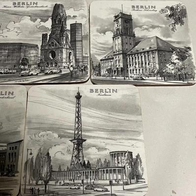 Vintage Set of 5 Berlin Germany Souvenir Cork Coasters in Good Preowned Condition.