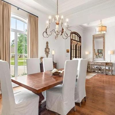 Mahogany Dining Room Tressel Table. ~ Solid Wood ~ Extremely Heavy ~ Six (6) Slip Covered Chairs ~ Excellent