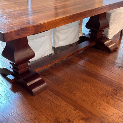 Mahogany Dining Room Tressel Table. ~ Solid Wood ~ Extremely Heavy ~ Six (6) Slip Covered Chairs ~ Excellent