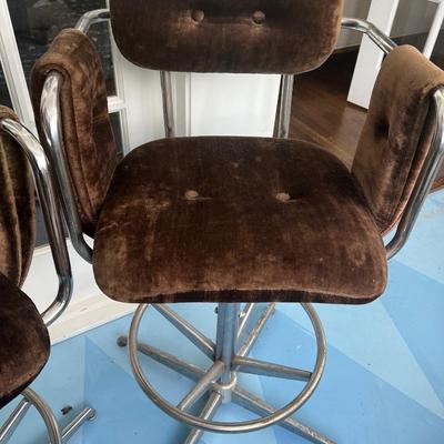 Pair of Adjustable Brown Velour Upholstered Chrome Bar Stools