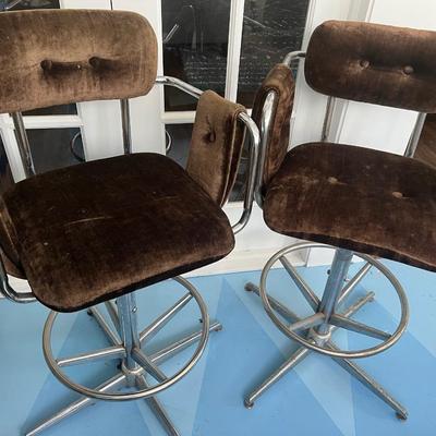 Pair of Adjustable Brown Velour Upholstered Chrome Bar Stools