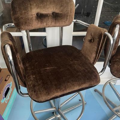 Pair of Adjustable Brown Velour Upholstered Chrome Bar Stools