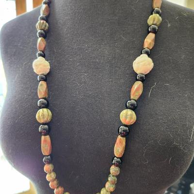 Unakite and Black Onyx Carved Necklace