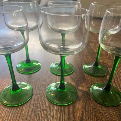 Set of 6 French France Green Stem Glasses 6.5" Tall