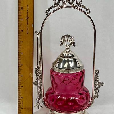 Cranberry Glass Thumbprint Dot Pattern Pickle Cruet Jar on Silver Stand with tongs