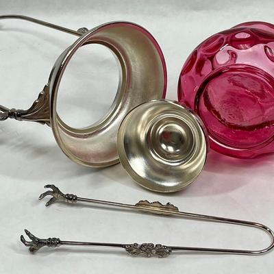 Cranberry Glass Thumbprint Dot Pattern Pickle Cruet Jar on Silver Stand with tongs