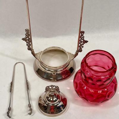Cranberry Glass Thumbprint Dot Pattern Pickle Cruet Jar on Silver Stand with tongs