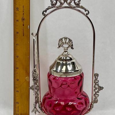Cranberry Glass Thumbprint Dot Pattern Pickle Cruet Jar on Silver Stand with tongs