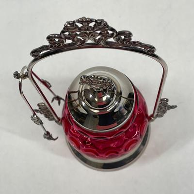 Cranberry Glass Thumbprint Dot Pattern Pickle Cruet Jar on Silver Stand with tongs