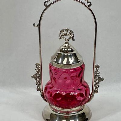 Cranberry Glass Thumbprint Dot Pattern Pickle Cruet Jar on Silver Stand with tongs