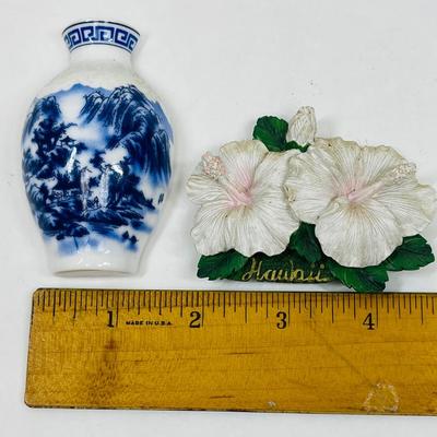 LOT of (2) Vintage Refrigerator Magnets Blue & White Porcelain Vase Half and Hawaiian Plumeria Flowers