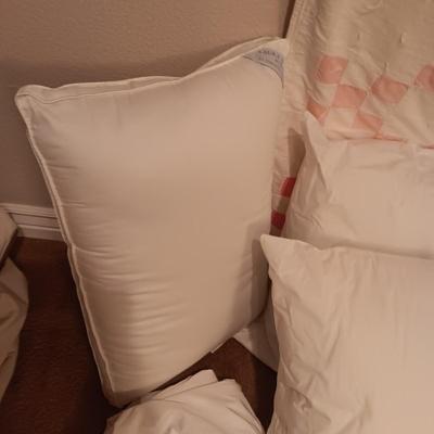 HANDMADE QUILT, LARGE THROW PILLOWS W/SHAMS, LAURA ASHLEY QUILTED MATTRESS COVER AND PILLOW