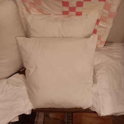 HANDMADE QUILT, LARGE THROW PILLOWS W/SHAMS, LAURA ASHLEY QUILTED MATTRESS COVER AND PILLOW