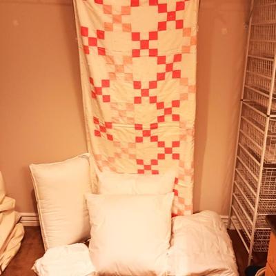 HANDMADE QUILT, LARGE THROW PILLOWS W/SHAMS, LAURA ASHLEY QUILTED MATTRESS COVER AND PILLOW