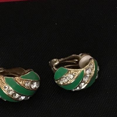 Green Enamel Rhinestone Earrings