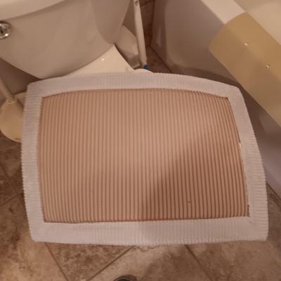 SHOWER CURTAIN W/LINER, THICK BATH MAT, CANDLE IN A JAR AND A WASTE CAN