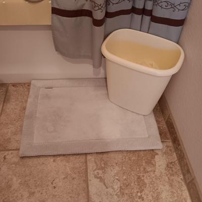 SHOWER CURTAIN W/LINER, THICK BATH MAT, CANDLE IN A JAR AND A WASTE CAN