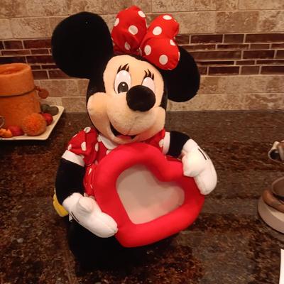 DISNEY MICKEY MOUSE BOBBLEHEAD, MINNIE MOUSE PLUSH WITH HEART FRAME AND CERAMIC MICKEY FIGURINE