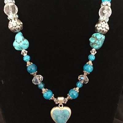 Vintage Mexico Heart Pendant with Turquoise Crystal and Glass. Marked