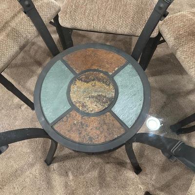ROUND GLASS TOP, METAL BASE DINETTE SET W/SLATE INLAYS