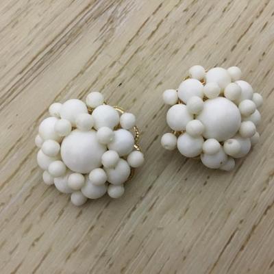 Vintage White plastic bead, gold tone clip on earrings