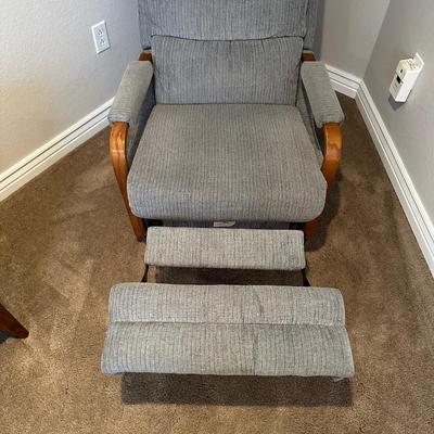 STEEL BLUE RECLINER WITH WOOD ACCENTS