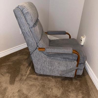 STEEL BLUE RECLINER WITH WOOD ACCENTS