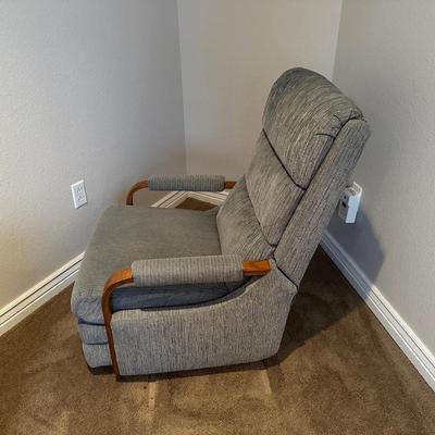 STEEL BLUE RECLINER WITH WOOD ACCENTS