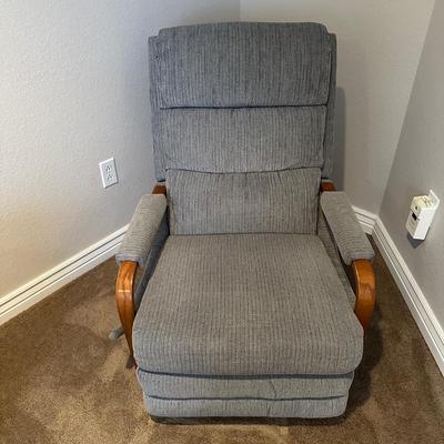 STEEL BLUE RECLINER WITH WOOD ACCENTS