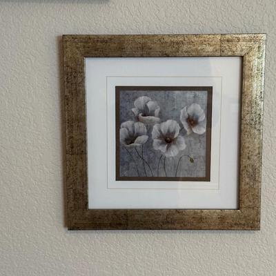 2 GOLD FRAMED FLORAL PICTURES AND A CLAY WALL POCKET