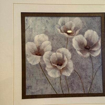 2 GOLD FRAMED FLORAL PICTURES AND A CLAY WALL POCKET