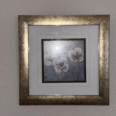 2 GOLD FRAMED FLORAL PICTURES AND A CLAY WALL POCKET