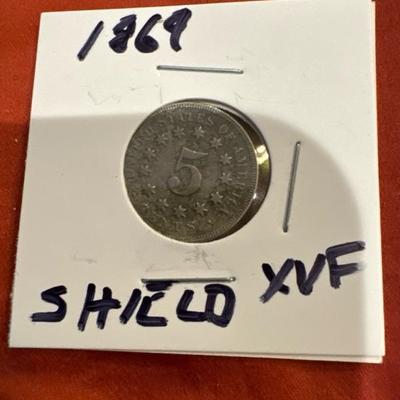 1869 SHIELD NICKEL U S coin 5c XVF