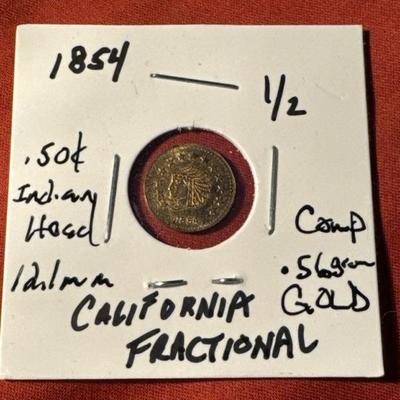 1854 CALIFORNIA FRACTIONAL 1/2 Gold Comp .56Gram