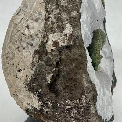Half of a large Geode with bear figurine inside Crystal with stand attached to bottom