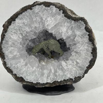 Half of a large Geode with bear figurine inside Crystal with stand attached to bottom